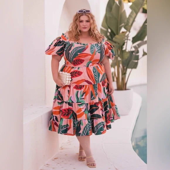 JessaKae Pink Orange and Green Leaf Print Dress - Picture 4 of 6